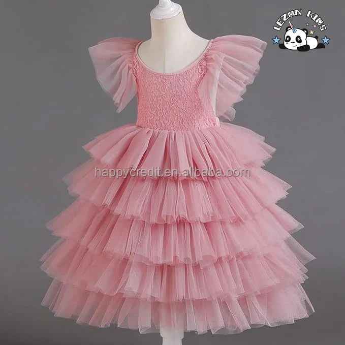 LEZONKIDS - OEM Customizable Ruffle Sleeves Layered Tulle Girls Dress V-Neck Puffy Lace Dress for Girls 8 Years Size